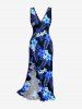 Tropical Leaf Hibiscus Flower Print Hawaii Ruffles Split Dress - Bleu Marine XS