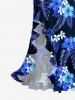 Tropical Leaf Hibiscus Flower Print Hawaii Ruffles Split Dress - Bleu Marine XS