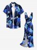Tropical Leaf Hibiscus Flower Print Hawaii Ruffles Split Dress - Bleu Marine XS