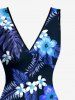 Tropical Leaf Hibiscus Flower Print Hawaii Ruffles Split Dress - Bleu Marine XS