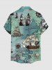 Chemise hawaïenne pour homme, style croisière, à imprimé crâne et voilier en mer, avec boutons et poche. - Turquoise Foncée 6XL