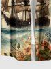 Plus Size Map Sailboat Sea Flower Print Hawaii Cruise Button Pocket Shirt For Men -  