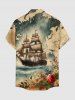 Plus Size Map Sailboat Sea Flower Print Hawaii Cruise Button Pocket Shirt For Men -  