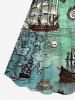 Robe trapèze ceinturée à imprimé crâne, voilier et mer, croisière hawaïenne - Turquoise Foncée 4X