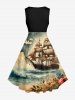 Map Sailboat Sea Flower Print Hawaii Cruise Vintage Swing A Line Dress -  