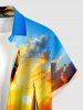Coconut Tree Sailboat Sun Seascape Print Buttons Pocket Hawaii Shirt For Men - Bleu 3XL