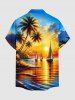 Coconut Tree Sailboat Sun Seascape Print Buttons Pocket Hawaii Shirt For Men - Bleu 3XL