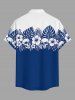 Hibiscus Flower Tropical Leaf Skull Colorblock Print Buttons Pocket Hawaii Shirt For Men - Bleu 3XL
