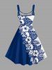 Hibiscus Flower Tropical Leaf Skull Colorblock Print Hawaii Tank Dress - Bleu 5X