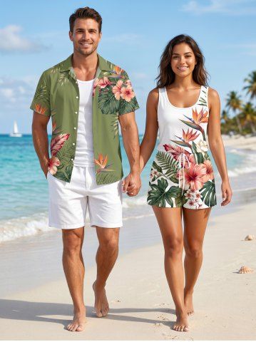 Matching Hawaii Shirt and Romper Plus Size Hibiscus Flower Tropical Leaf Print for Couples - LIGHT GREEN
