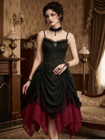 Gothic Rose Flower Jacquard Cinched Eyelash Lace Trim Asymmetric Dress - BLACK - L