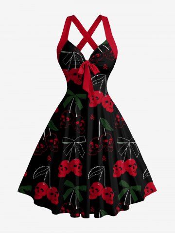 Skulls Cherry Print Hawaii Halter Crisscross Strappy A Line Dress - RED - S