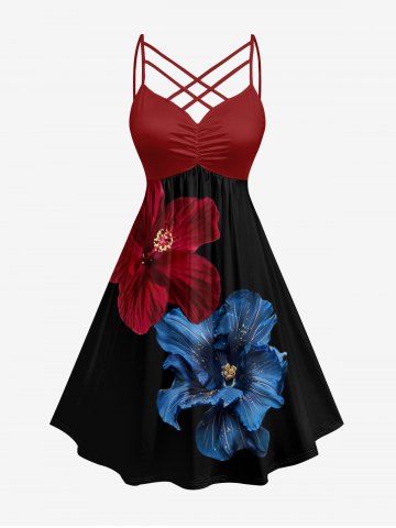 Plus Size Two Tone Flower Print Hawaii Ruched Crisscross Strappy A Line Dress - BLACK - XS