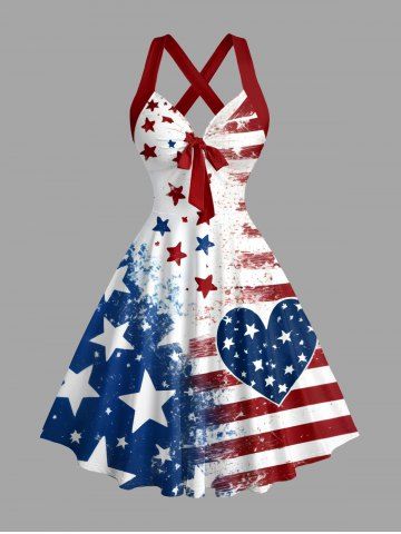 Patriotic American Flag Heart Print Halter Crisscross Strappy A Line Dress - BLUE - XL