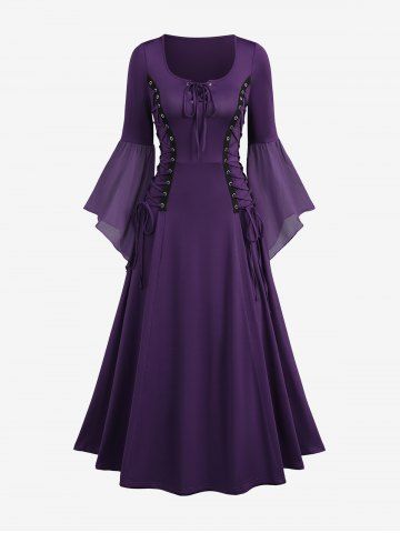 Flare Sleeves Lace Up A Line Vintage Dress - CONCORD - L