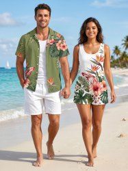 Matching Hawaii Shirt and Romper Hibiscus Flower Tropical Leaf Print for Couples -  