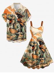 Dinosaur Cat Mountain Print Matching Hawaii Beach Outfit For Couples - Orange 