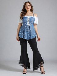 Daisy Flower Print Lace Up Cold Shoulder T-shirt and High Waisted Flare Pants Plus Size Outfit - Bleu 