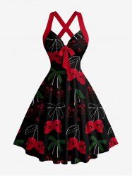 Skulls Cherry Print Hawaii Halter Crisscross Strappy A Line Dress - Rouge XS