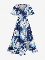 Tropical Leaf Flower Print Hawaii Split Pocket A Line Midi Dress - Bleu clair XXS