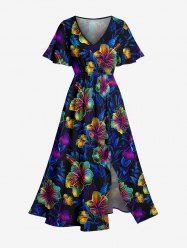 Hibiscus Flower Leaf Print Split Hawaii Midi Dress -  