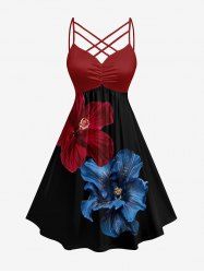 Two Tone Flower Print Hawaii Ruched Crisscross Strappy A Line Dress - Noir 6X