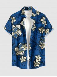 Tropical Leaf Hibiscus Flower Print Hawaii Button Pocket Shirt For Men -  