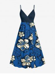 Tropical Leaf Hibiscus Flower Print Hawaii Surplice A Line Dress - Bleu 1X