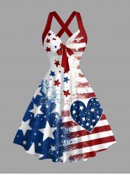Patriotic American Flag Heart Print Halter Crisscross Strappy A Line Dress -  