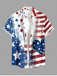 Patriotic American Flag Heart Print Button Pocket Shirt For Men -  
