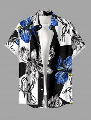 Colorblock Flower Print Hawaii Button Pocket Shirt For Men -  