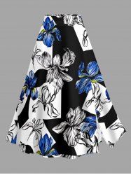 Colorblock Flower Print Hawaii Split A Line Skirt -  