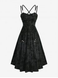 Tie Dye Print Ruched Crisscross Strappy A Line Dress -  