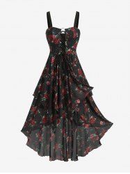 Rose Flower Print Lace Up Grommets Split High Low Dress -  