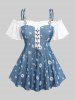Daisy Flower Print Lace Up Cold Shoulder T-shirt and High Waisted Flare Pants Plus Size Outfit - Bleu 