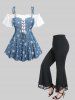 Daisy Flower Print Lace Up Cold Shoulder T-shirt and High Waisted Flare Pants Plus Size Outfit - Bleu 