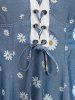 Daisy Flower Print Lace Up Cold Shoulder T-shirt and High Waisted Flare Pants Plus Size Outfit - Bleu 