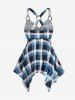 Checked Frilled Cinched Handkerchief Hem Top and Lace Up Split Flare Pants Plus Size Outfit - Bleu 