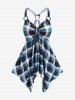 Checked Frilled Cinched Handkerchief Hem Top and Lace Up Split Flare Pants Plus Size Outfit - Bleu 