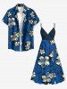 Tropical Leaf Hibiscus Flower Print Hawaii Surplice A Line Dress - Bleu 1X
