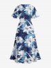 Tropical Leaf Flower Print Hawaii Split Pocket A Line Midi Dress - Bleu clair 1X