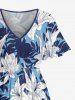 Tropical Leaf Flower Print Hawaii Split Pocket A Line Midi Dress - Bleu clair 1X
