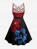 Two Tone Flower Print Hawaii Ruched Crisscross Strappy A Line Dress - Noir 6X