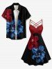 Two Tone Flower Print Hawaii Ruched Crisscross Strappy A Line Dress - Noir 6X