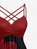 Two Tone Flower Print Hawaii Ruched Crisscross Strappy A Line Dress - Noir 6X