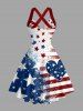 Patriotic American Flag Heart Print Halter Crisscross Strappy A Line Dress -  