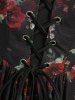 Rose Flower Print Lace Up Grommets Split High Low Dress -  