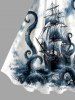 Octopus Sailboat Sea Waves Tie Dye Print Hawaii Tank Dress - Paon Bleu XS