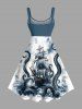 Octopus Sailboat Sea Waves Tie Dye Print Hawaii Tank Dress - Paon Bleu XS