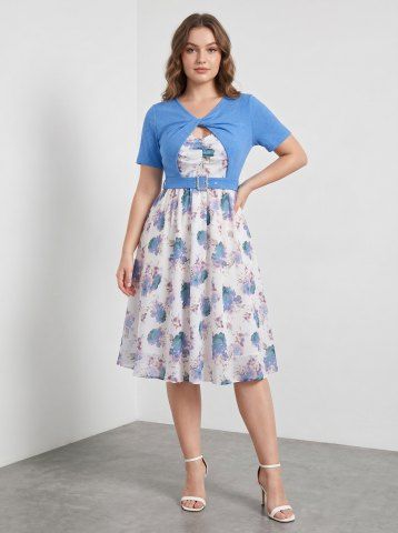 Plus Size Twist Buckle Grommets Ribbed Textured Top and Flower Printed Ruched Cami Dress - BLUE - 1X | US 14-16